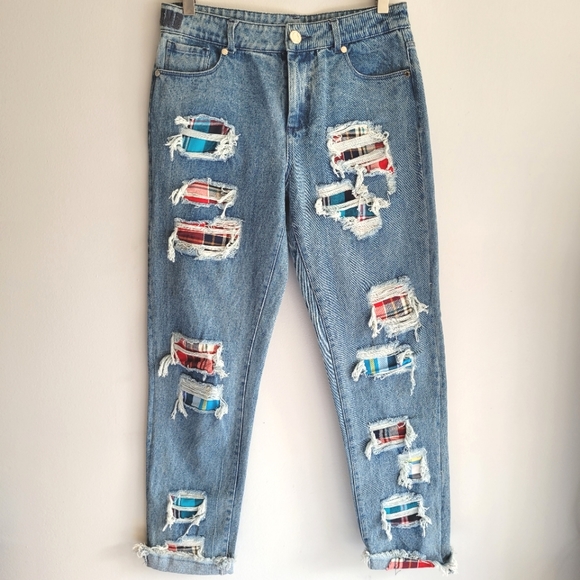 House of Holland Plaid Patchwork Distressed Jeans - Picture 1 of 8